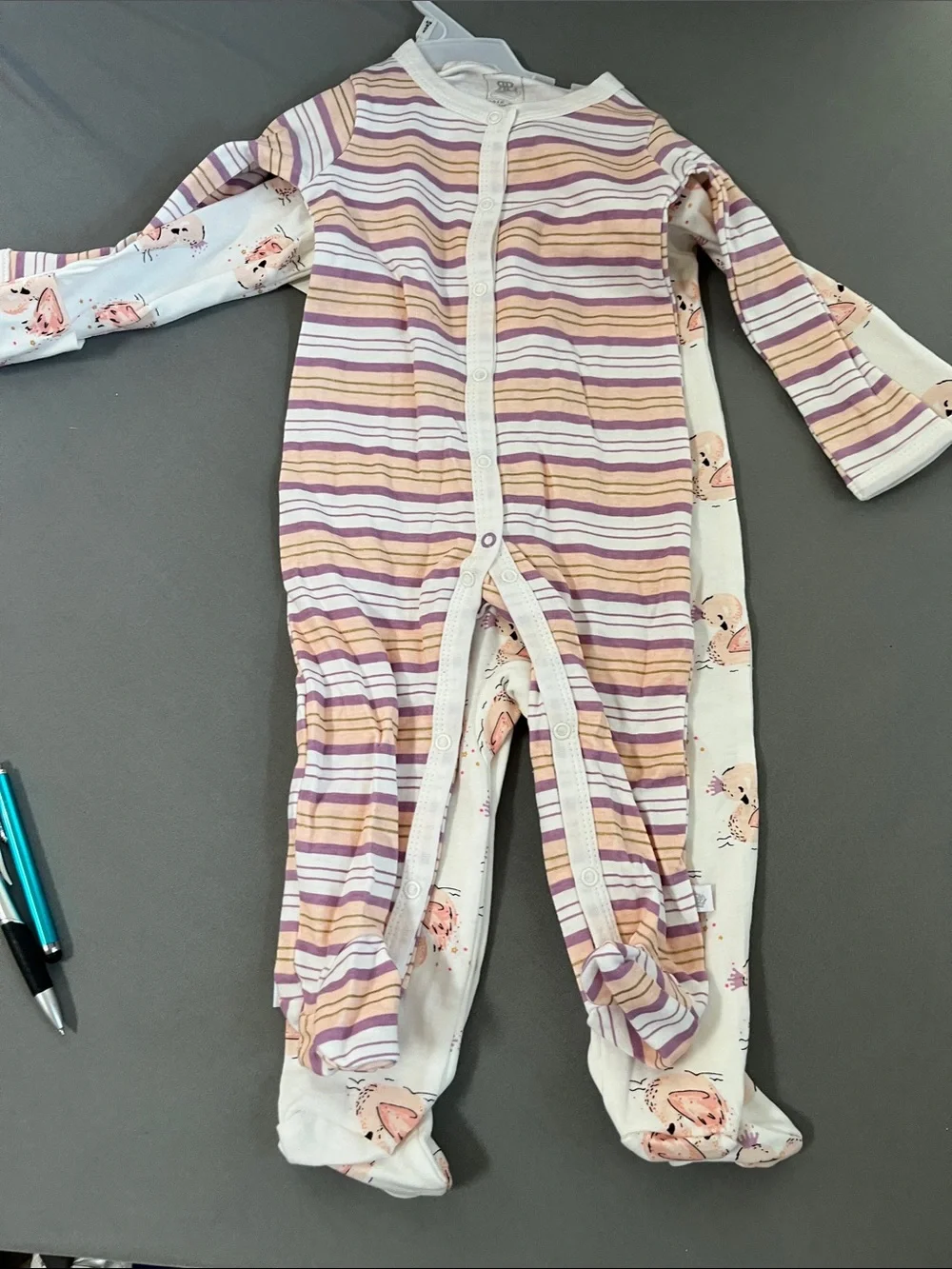 Rosie Pope Cream Footie with Pink Floral Print & Lavender Stripes